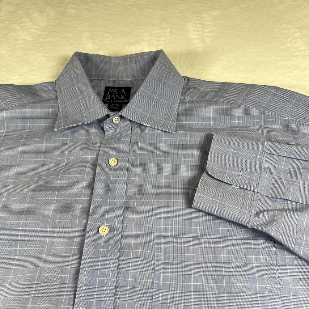 Jos A Bank Traveler Shirt Mens 16 35‎ Blue Check 100% Cotton Dress Long Sleeve